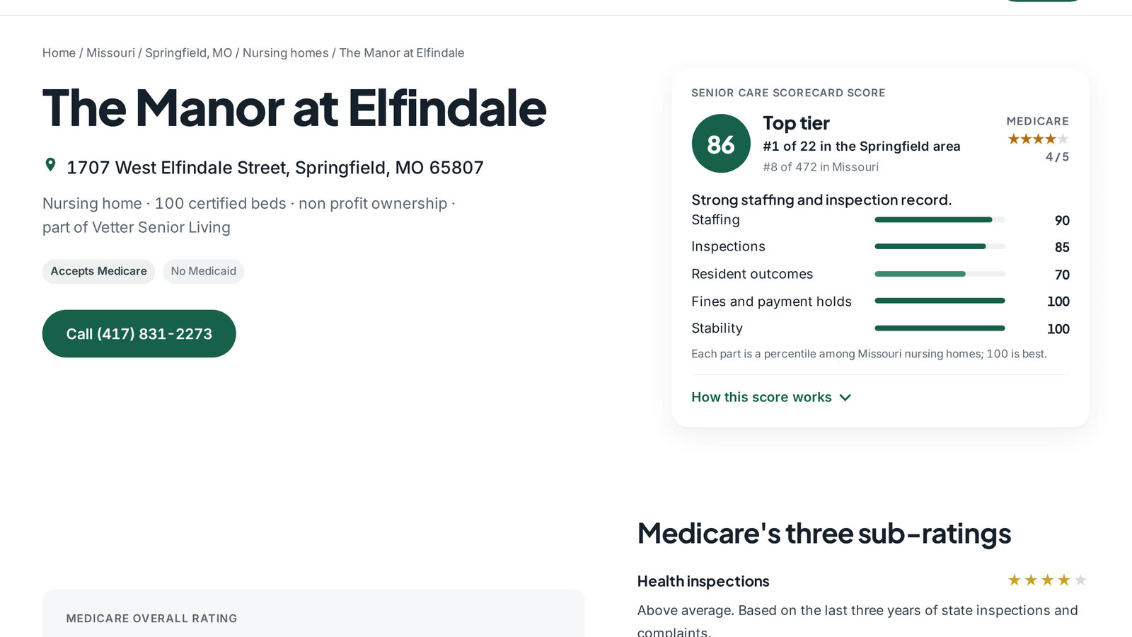 A facility page with its Scorecard score, local rank and statewide rank
