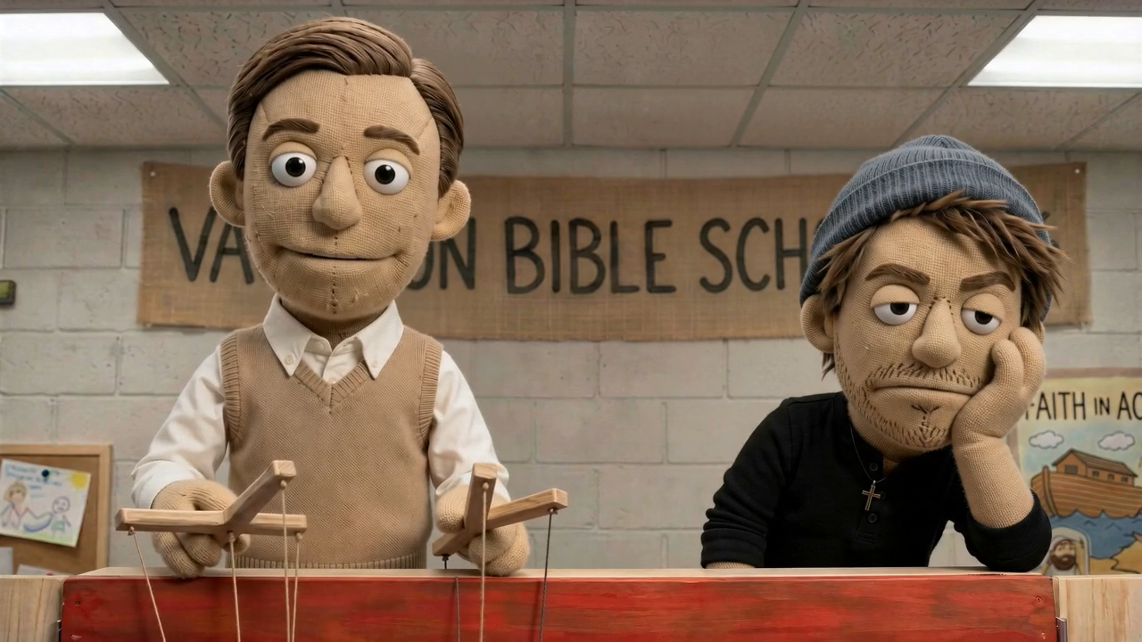 Still: the two brothers running the puppet show at Vacation Bible School