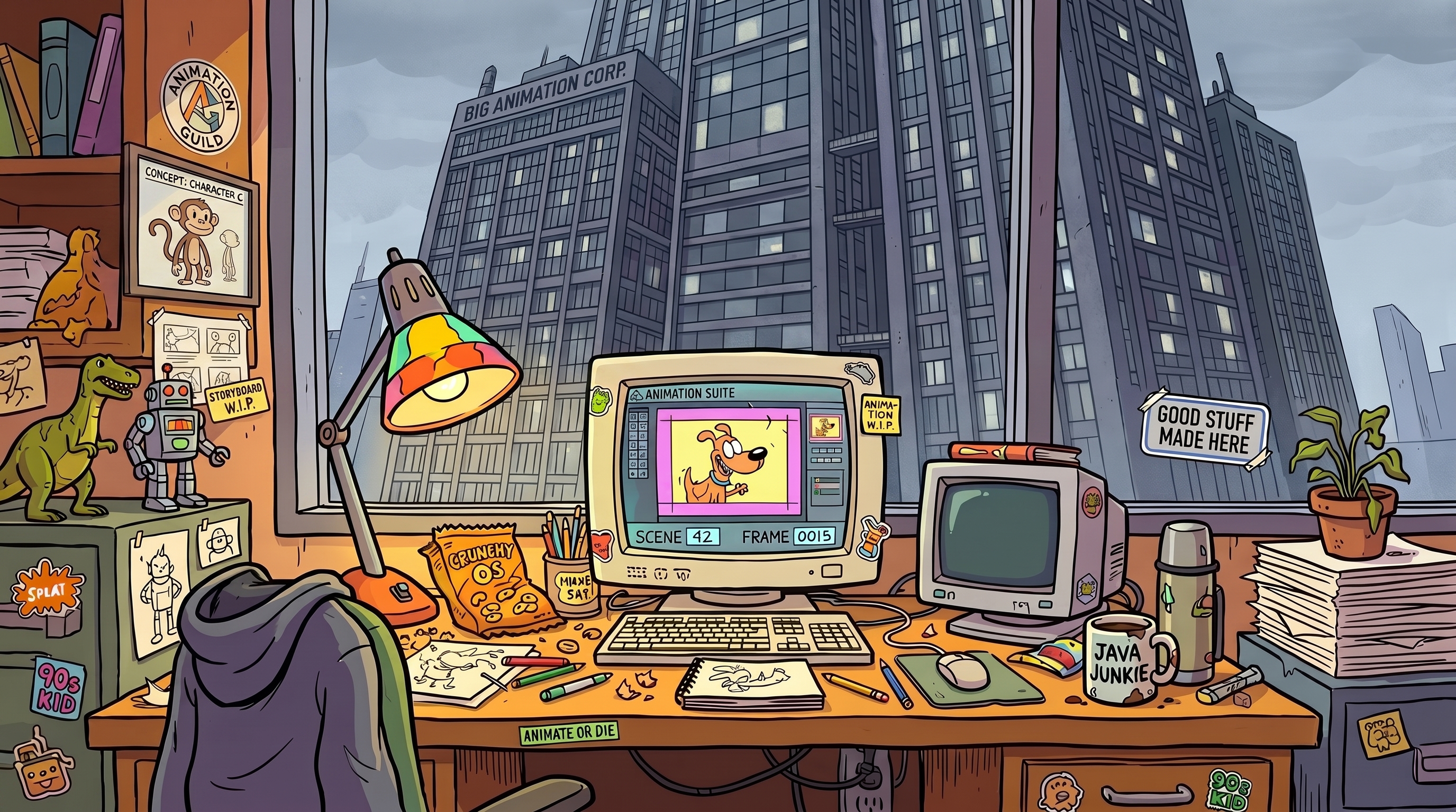 One animator, one desk — and through the window, a massive corporate studio complex. The desk wins.