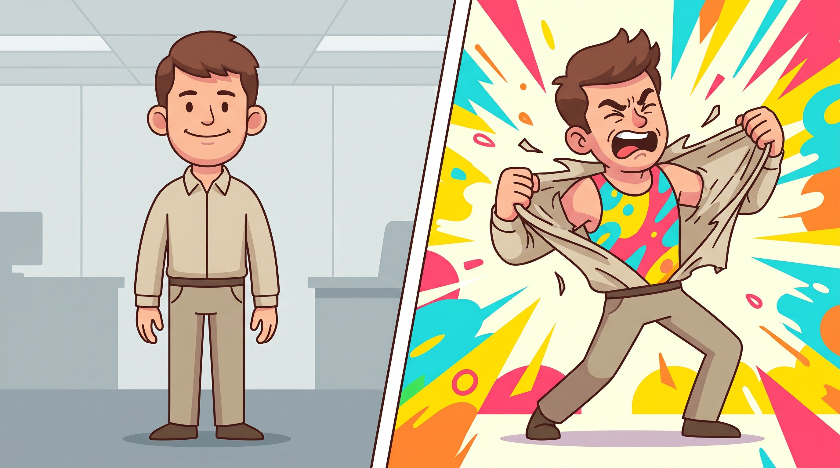 Two animated panels: painfully safe corporate brand content on the left, actual personality on the right. The contrast is the entire point.